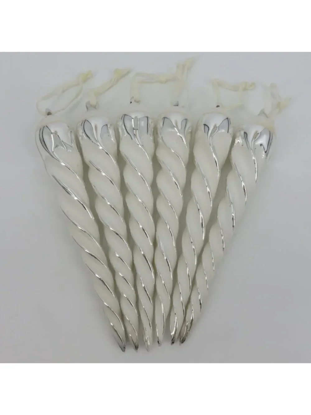 VTG Set of 6 Glass Ornaments 10.25in Mirrored Silver White Glitter Icicle Twist